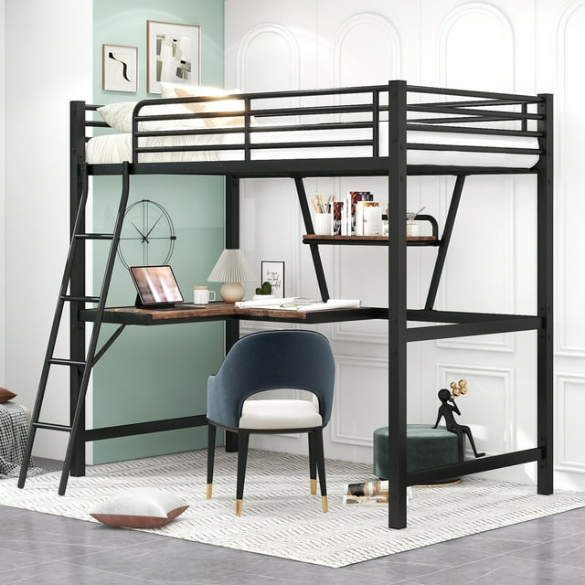 Twin Loft Bed with Desk for Teens Kids, Bunk Bed with Desk, Handrail Stairs, Full-Guardrails, Loft Bed Frame with Storage Shelf, Metal