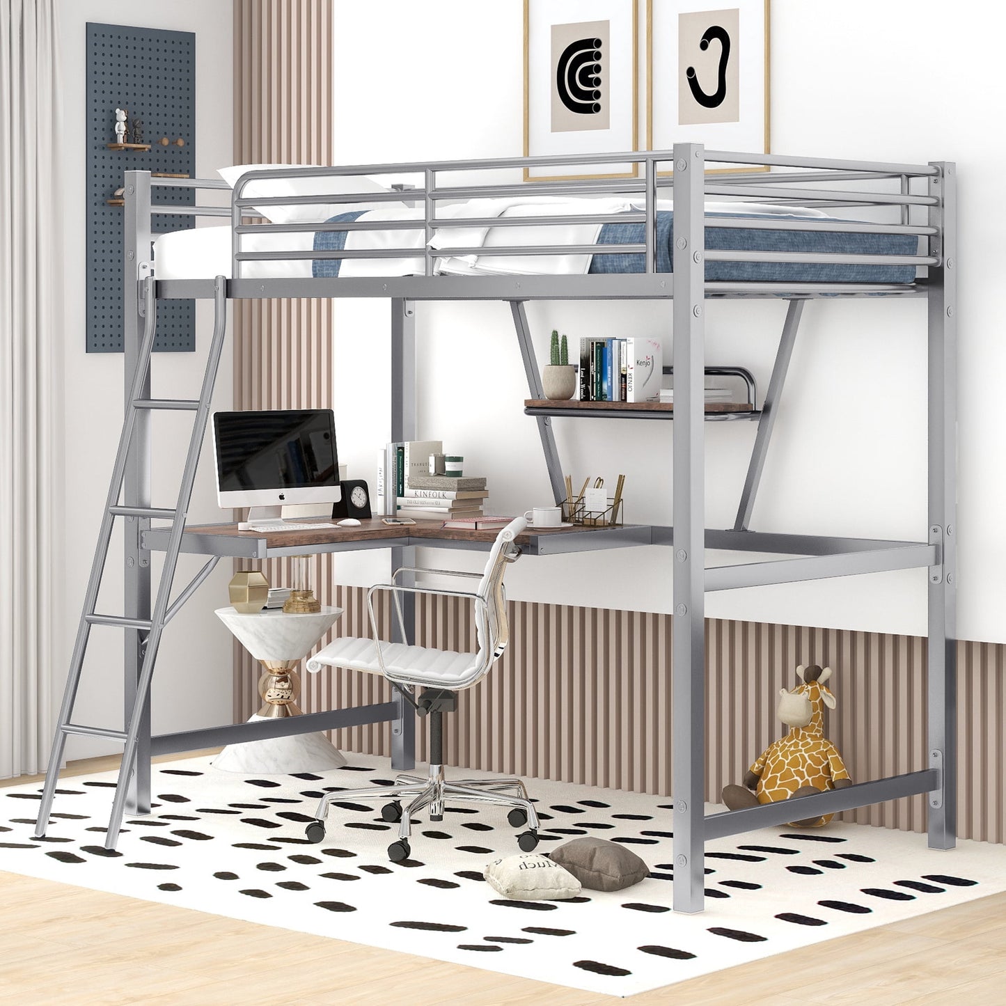 Twin Loft Bed with Desk for Teens Kids, Bunk Bed with Desk, Handrail Stairs, Full-Guardrails, Loft Bed Frame with Storage Shelf, Metal