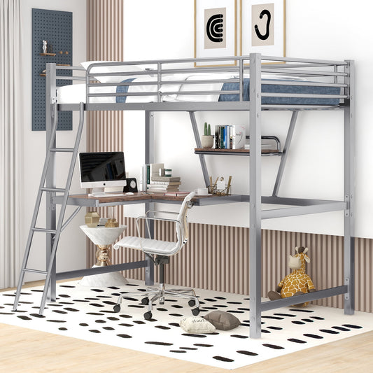 Twin Loft Bed with Desk for Teens Kids, Bunk Bed with Desk, Handrail Stairs, Full-Guardrails, Loft Bed Frame with Storage Shelf, Metal