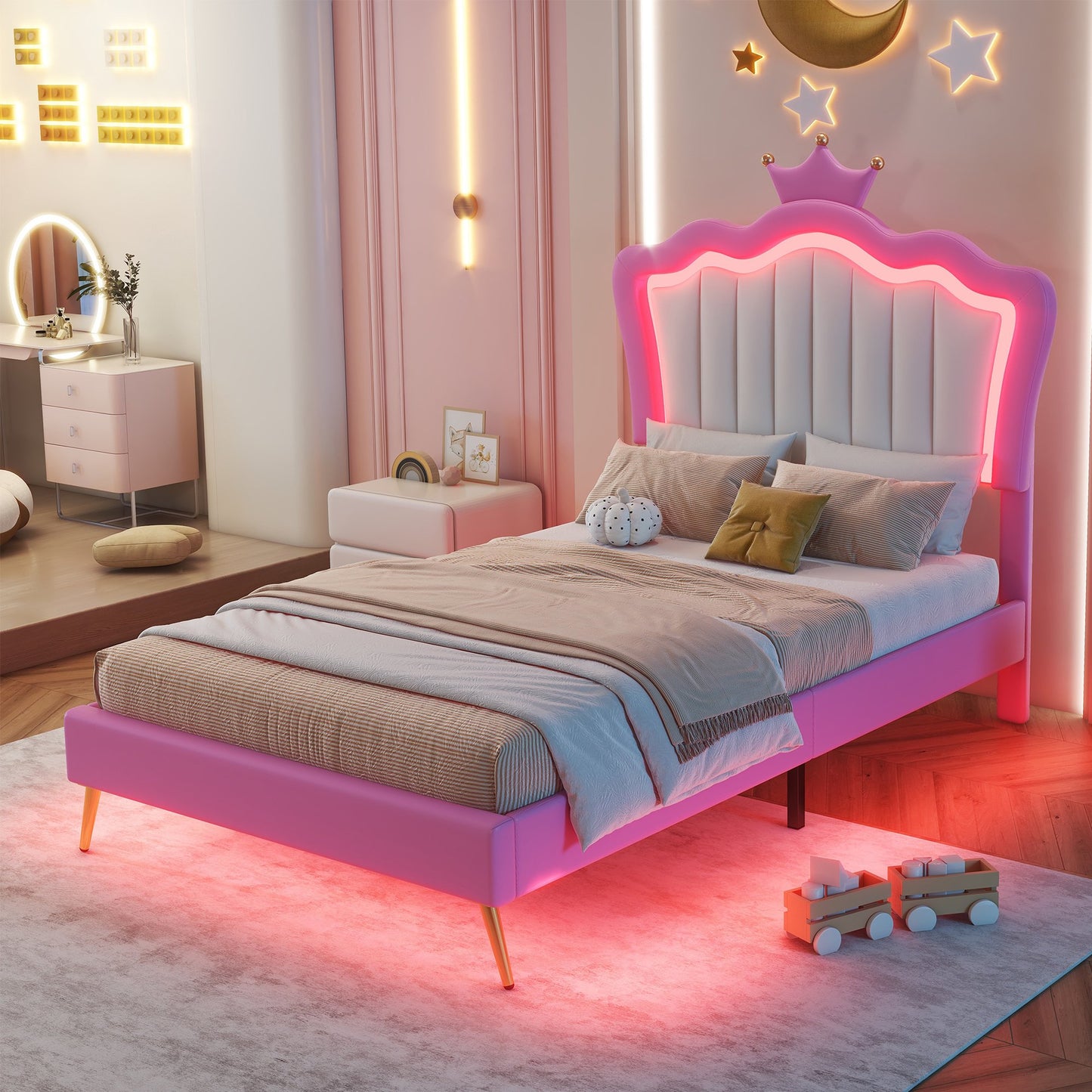 Full Size Bed Frame with Crown Headboard, Platform Bed Frame with Adjustable LED Lights, Noise Free, No Box Spring Needed, Easy Assembly, Modern Princess Upholstered Bed Frame for Girls, Pink&White