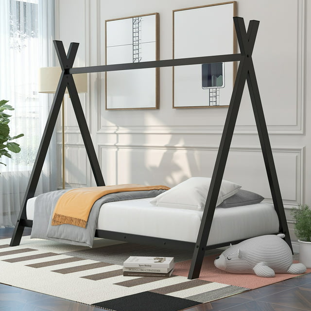 Twin Size House Bed Frame for Kids Toddlers, Twin Platform Bed with 20 Slats for Girls Boys Room, Floor Bed No Box Spring Needed