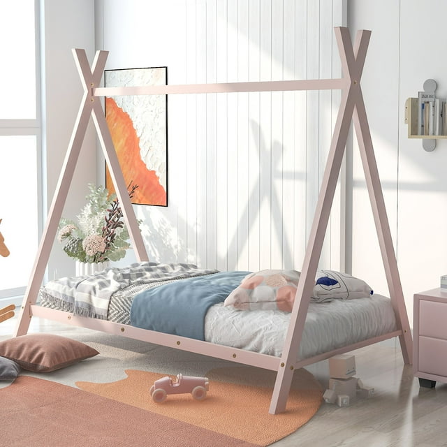 Twin Size House Bed Frame for Kids Toddlers, Twin Platform Bed with 20 Slats for Girls Boys Room, Floor Bed No Box Spring Needed