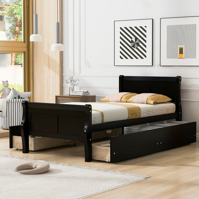 Twin Size Platform Bed Frame with 4 Storage Drawers, Modern Wood Platform Bed with Headboard and Footboard Twin Size for Kids Teens Adults Bedroom, No Box Spring Needed, Easy Assembly