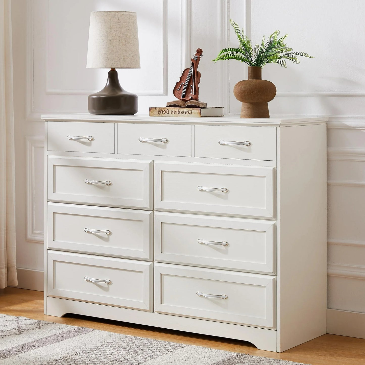 White 9 Drawer Dresser, Wooden Bedroom Dresser with Large Storage Unit, Modern Wide Chest of Drawers with Antique Handles Large for Closet for Kids Room Living Room Entry Hallway Furniture