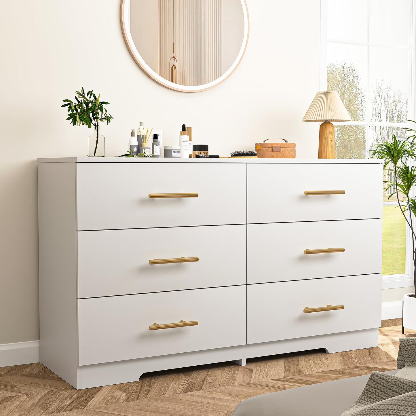 Wood Dresser, 6 Drawer Wide Storage Chest for Bedroom