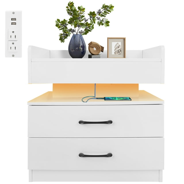 Nightstand with Charging Station LED Lights, Modern Small Bedside Table With Drawers, High Gloss End Table With USB Ports/Power Outlet for Bedroom Living Room