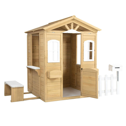 Outdoor Playhouse for Kids, All Weather Wooden Outside Playhouse with Working Door, Windows, Mailbox, Flowers Pot Holder, Kids Pretend Cottage Playhouse, Gift for Girls Boys.
