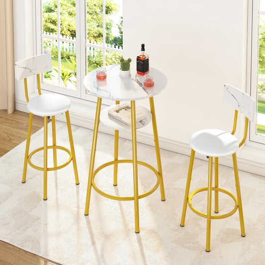 Dining Table Set for 2, Bar Table and Chairs Set, Waterproof Bistro Table with Storage, 14.17" PU Leather Chairs with Footrest Circle, for Small Space, Kitchen, Living Room, White