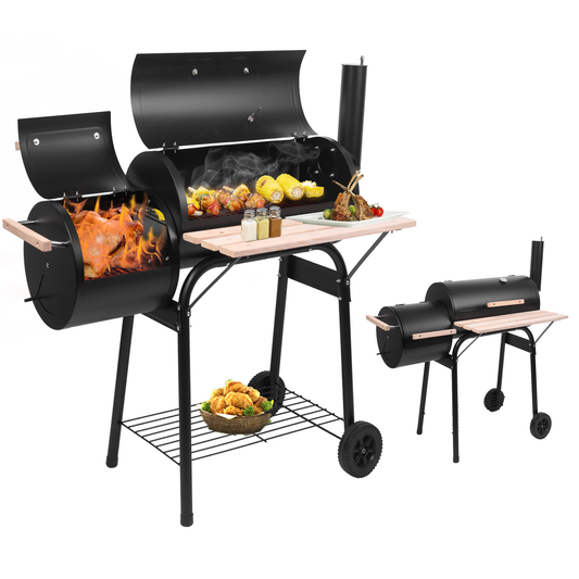 Barrel Charcoal Grill with Offset Smoker, BBQ Grill with Side Table and Wheels for Outdoor Camping, Garden, Patio and Backyard Barbecue Cooking, Black