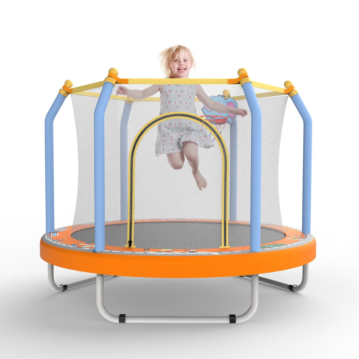 55'' Mini Trampoline for Kids with Enclosure Net & Basketball Hoop, CASEMIOL Small Round Toddler Trampoline for Indoor Outdoor Play, Perfect Trampoline Gift for Boys Girls, Orange