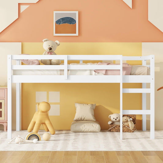 Low Loft Bed Twin Size, Kids Solid Wood Modern Loft Bed Frame with Ladder and Safety Guardrail for Girls Boys, Noise-Free, Non-Toxic Finishes, Space-Saving, No Box Spring Needed, White