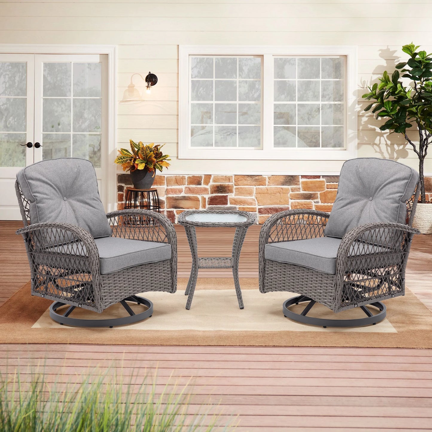 Patio Furniture Set 3 Pieces, Patio Outdoor Rocking Swivel Chairs Set with Thickened Cushions, Wicker Patio Conversation Sets with Coffee Table for Balcony Porch Yard Lawn Poolside, Gray