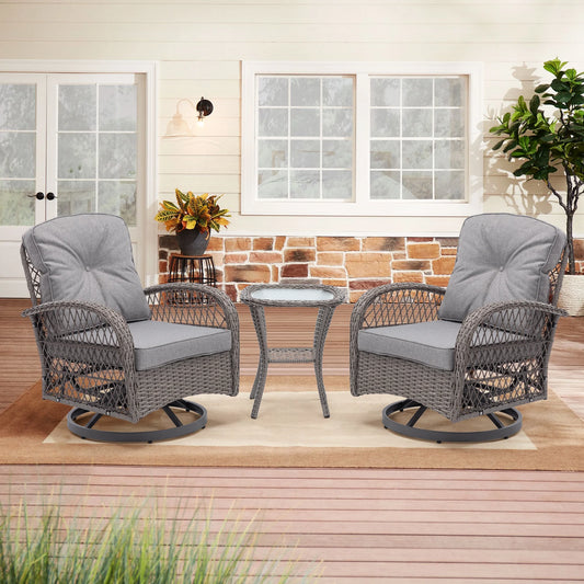 Patio Furniture Set 3 Pieces, Patio Outdoor Rocking Swivel Chairs Set with Thickened Cushions, Wicker Patio Conversation Sets with Coffee Table for Balcony Porch Yard Lawn Poolside, Gray