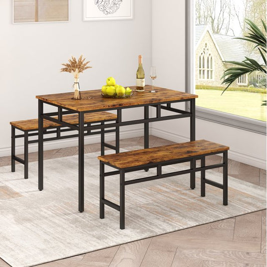 Kitchen Dining Room Table Sets, Kitchen Table Set with 2 Benches, Ideal for Home, Kitchen and Dining Room, Breakfast Table of 42x31.4x30 inches,15.7x15.9x33.8 inches, Retro-Brow