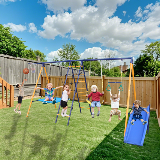 7 in 1 Swing Sets for Outside, CASEMIOL Swing Set with Climbing Net/ladder, Hammock Swing, Glider, Belt Swing and Basketball Rim, Outdoor Playground Playset for 3+ Kids