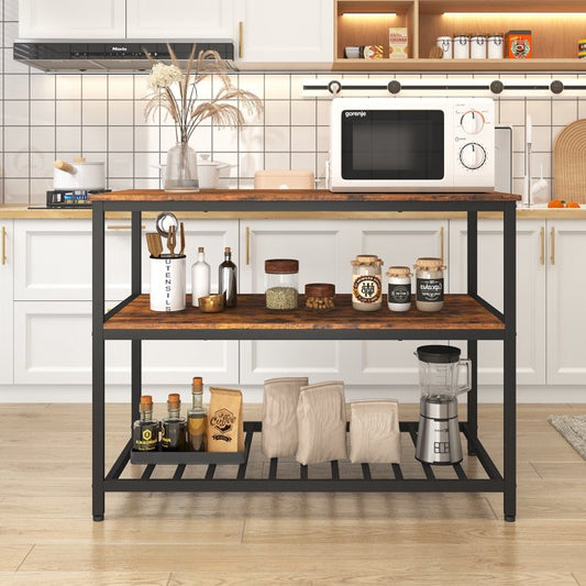 Kitchen Island, 3-Tier Microwave Stand with Large Worktop, 47.2 Inches Kitchen Shelf , Barn Door Kitchen Island Table with Storage Cabinet and Tower Rack, Island Table for Kitchen and Dining Room