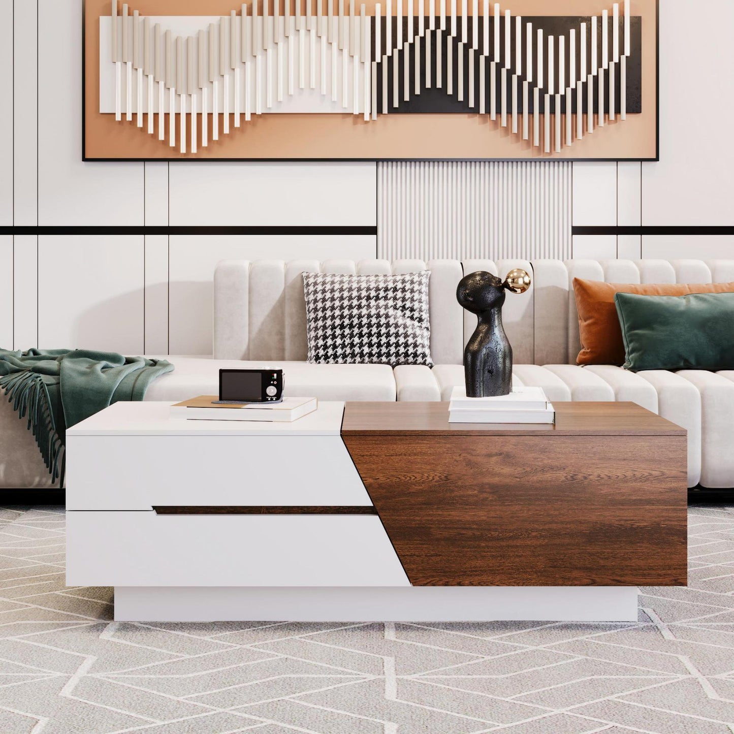 Coffee Table with Hidden Storage Compartments, Modern Living Room Table with Extendable Sliding Top, Rectangle Wood Center Table for Home Office Small Space, White&Brown