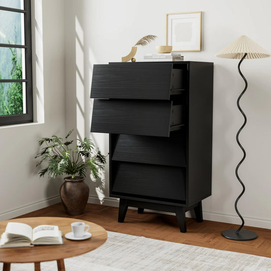 Vertical Dressers for Bedroom with 4 Wide Deep Drawers, Wooden Storage Drawer Dresser with Hidden Pulls, Modern Bevel Design Chest of Drawers with Stabilizing Feet for Living Room Hallway, Black