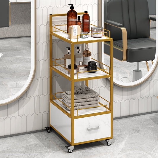 Beauty Salon Rolling Cart with 1 Drawer and 3 Open Shelves, Carts with 360° Swivel & Lockable Rolling Wheels, Utility Cart with Marble Board, Anti-Corrosion, Storage Cart for Bathroom