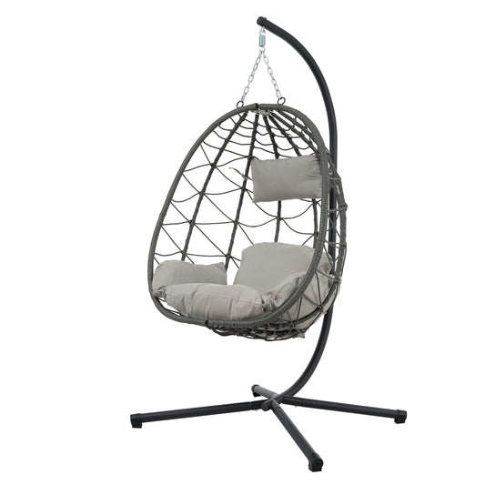 CASEMIOL Egg Chair Outdoor Indoor with Stand, Patio Rattan Wicker Hanging Swing Egg Chair Hammock Chair with Thick Cushion and Headrest for Bedroom, Porch, Garden, Balcony