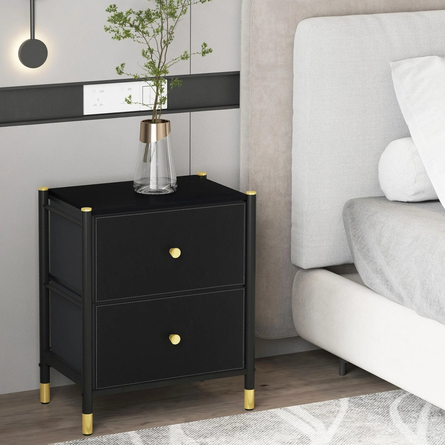 Nightstand with 2 Deep PU Leather Front Drawers, Bedside Table End Table with Steel Frame and Adjustable Feet, Side Table Storage Cabinet with Gold Handle for Bedroom Living Room, Black