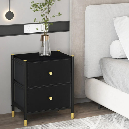 Nightstand with 2 Deep PU Leather Front Drawers, Bedside Table End Table with Steel Frame and Adjustable Feet, Side Table Storage Cabinet with Gold Handle for Bedroom Living Room, Black