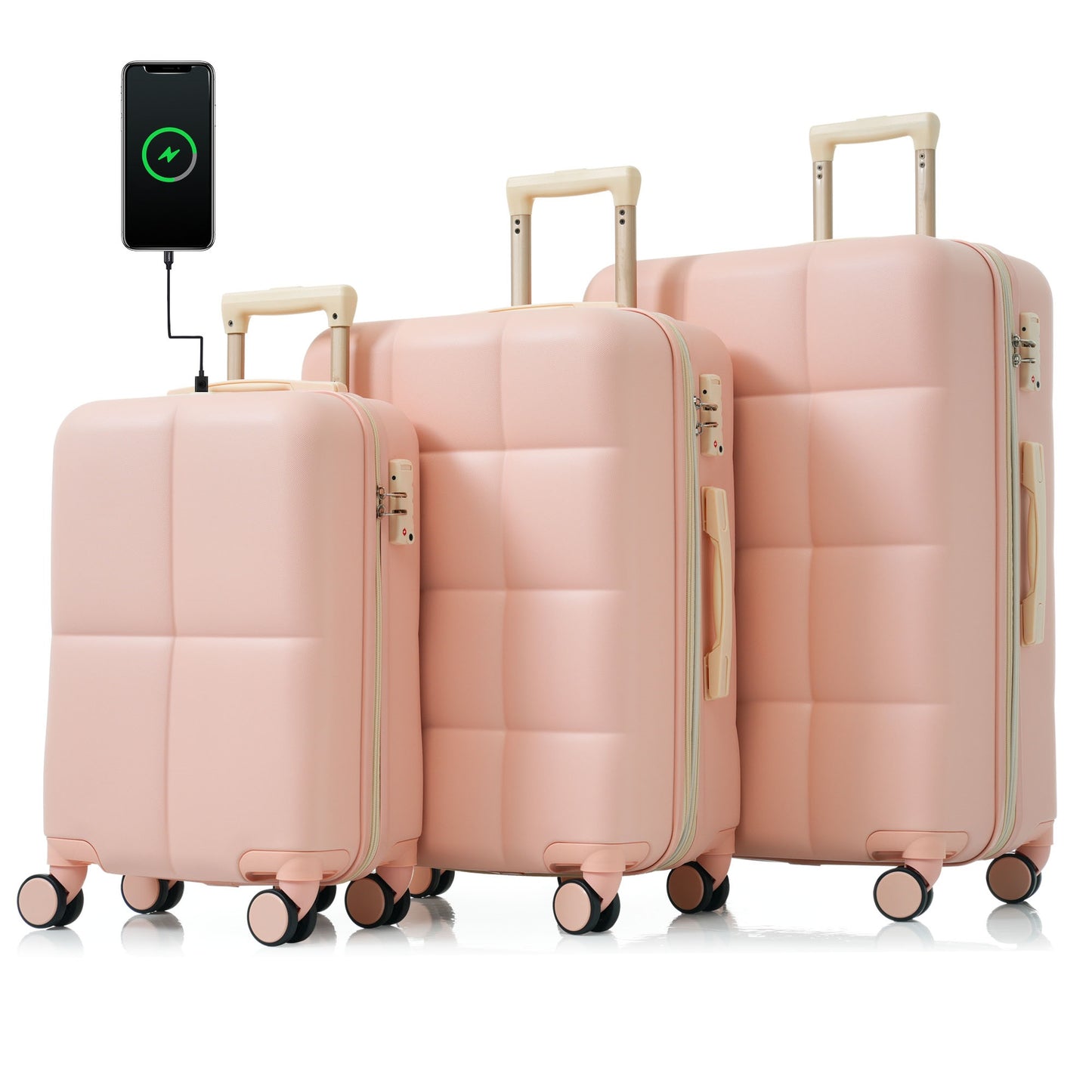 CASEMIOL Luggage Sets of 3, Large Suitcases with Wheel, Spinner Wheel Suitcases, Expandable Hardside Luggage with TSA Lock, Light Weight Luggage with USB Port, 3PC Trunk with Adjustable Handle