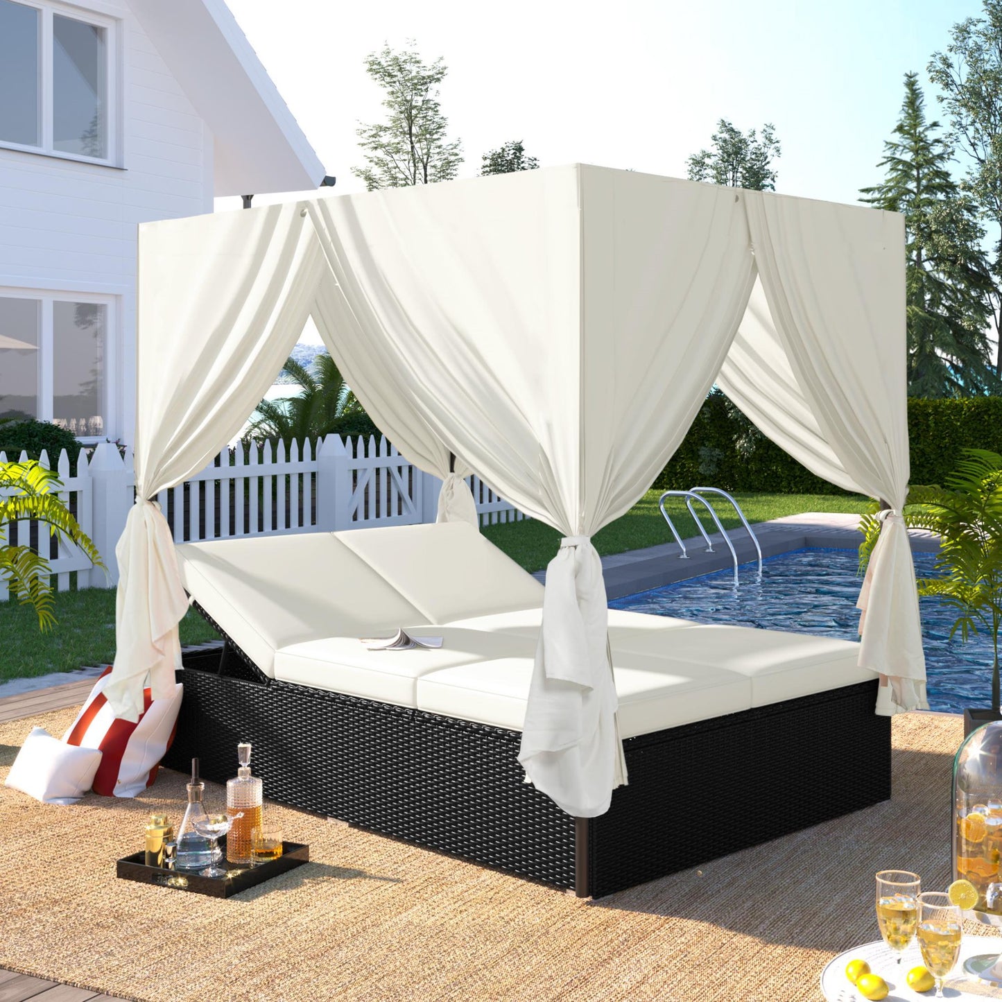 Outdoor Sectional Patio Daybed with Curtains, Sunbed Rattan Wicker Patio Bed with Cushions and Adjustable Seats, Patio Loveseat Sofa Set for Backyard Porch Lawn, Orange