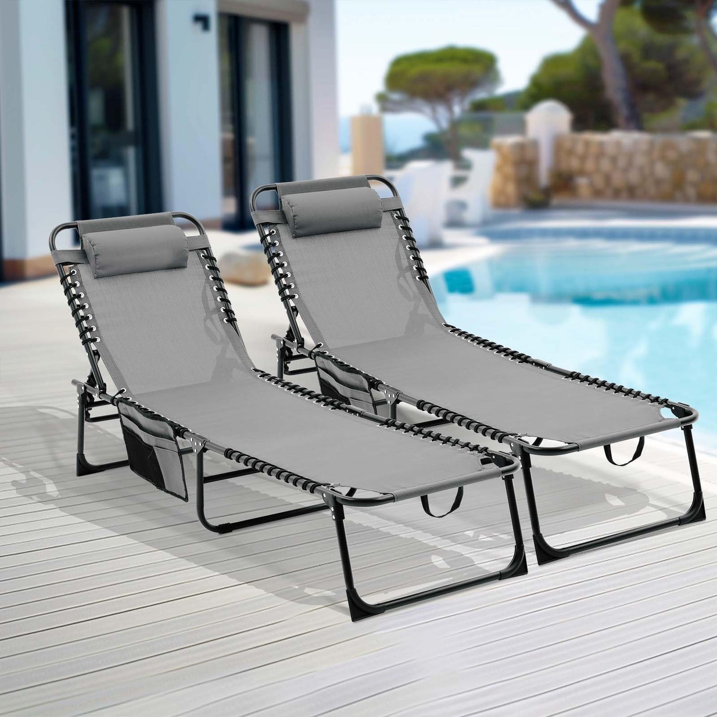 CASEMIOL Outdoor Chaise Lounge Chairs Set of 2, Folding Tanning Patio Beach Chairs with 4-Position Reclining Back and Breathable Mesh Seat for Adults, Lightweight