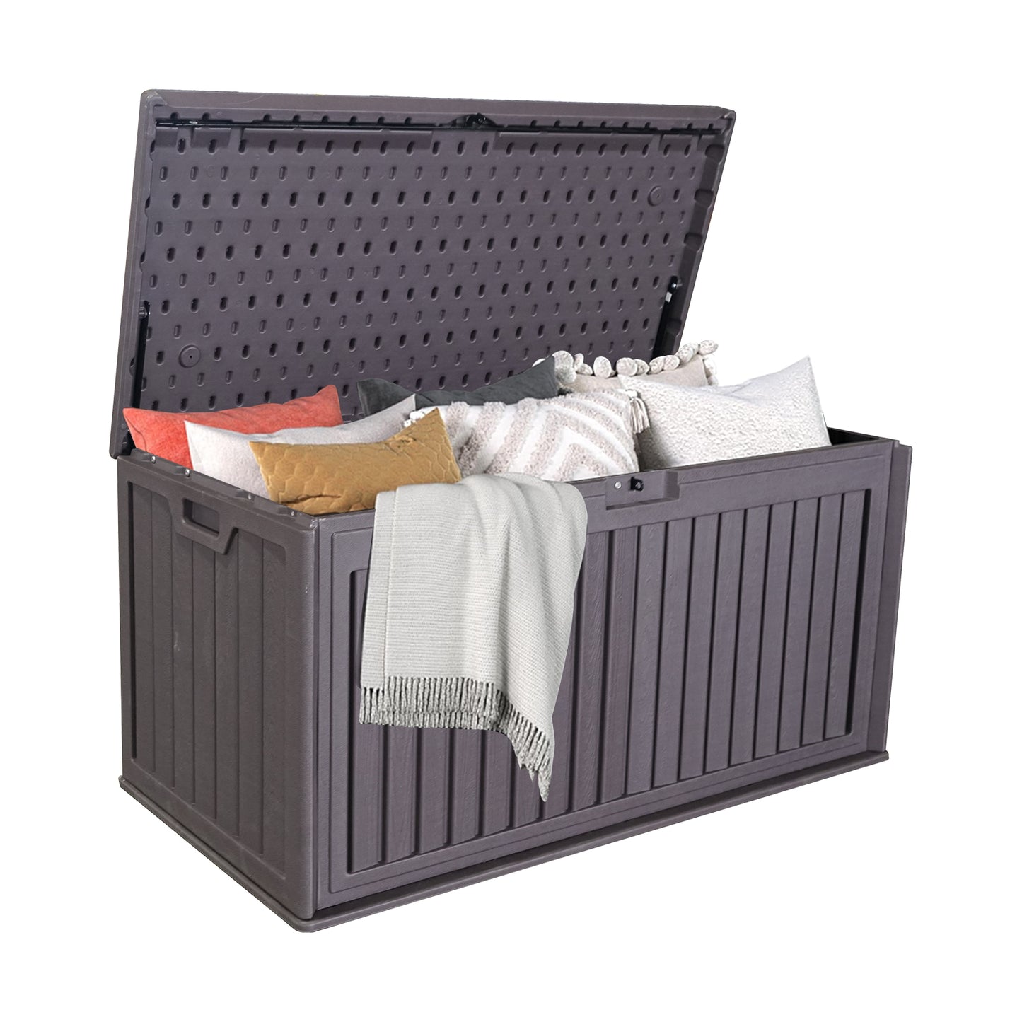 100 Gallon Resin Deck Box, Lockable Outdoor Storage Box Waterproof with Side Handles, Storage Containers for Patio Furniture Cushions, Pool Accessories, Garden Tools, Brown