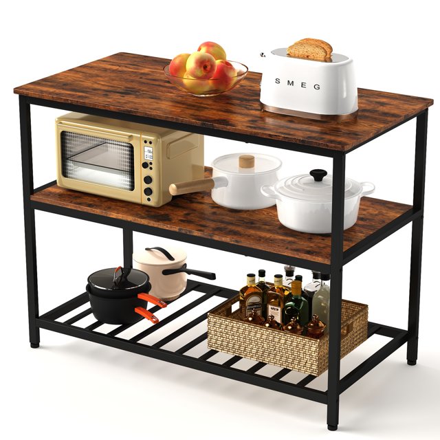 Kitchen Island with 3 Shelves, 47.2 Inches Kitchen Shelf with Large Worktop, Portable Kitchen Storage Shelf Kitchen Baker’s Rack with storage