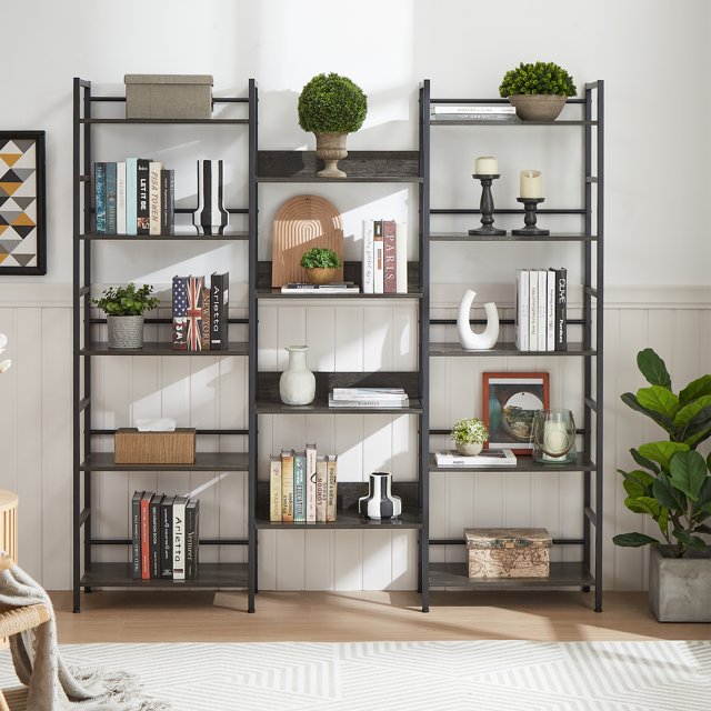 Triple 5 Tier Bookshelf, Bookcase with 15 Open Display Shelves, Wide Book Shelf Book Case for Home & Office & Bedroom, Furniture Dark Grey