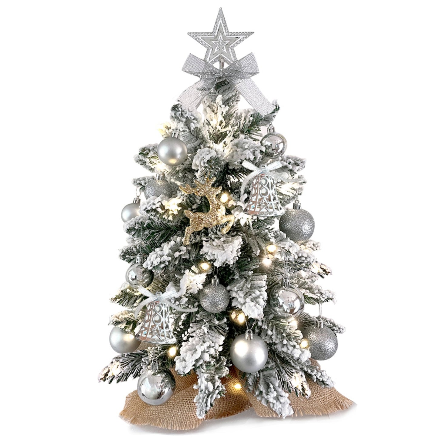 CASEMIOL 22" Mini Christmas Tree with Light Ornaments and Flocked Snow, Small Christmas Tree with Shiny Balls, Christmas Table Decorations, Little Christmas Tree