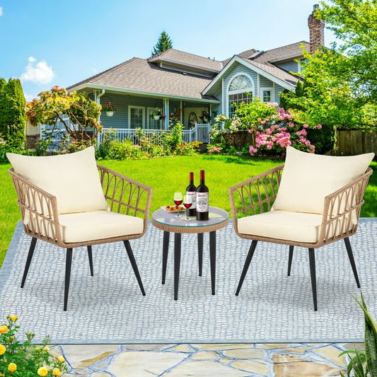 CASEMIOL Patio Furniture Set, Patio Outdoor Rattan Chairs Set, Wicker Patio Conversation Chairs and Coffe Table with 4 Cushions for Porch, Yard, Lawn, Poolside, Balcony, 3Pcs, Yellow