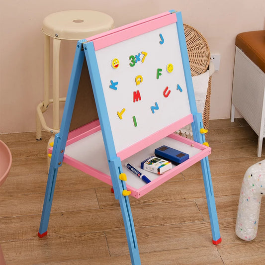 YOFE Heigh Adjustable Easel for Kids, Art Easel with Storage, Art Accessories, Double-sided Wooden Kids Easel with Whiteboard, Chalkboard, Boys Girls Standing Art Easel for Gift, Pink & Blue, D3846