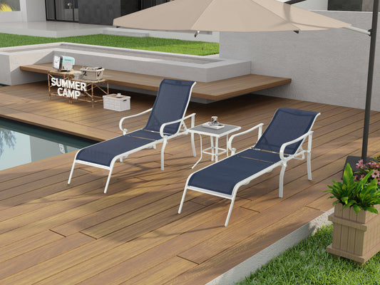 CASEMIOL 3 Pcs Patio Lounge Chair with 5 Adjustable Backrest, Chaise Lounge Chair Outdoor with Table, Folding Chaise with Sturdy Steel Frame, Tanning Chair for Outside, Yard, Balcony, Pool, Blue