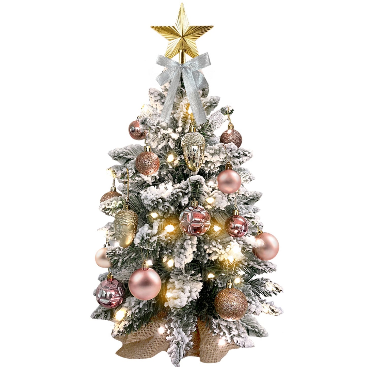 CASEMIOL 22" Mini Christmas Tree with Light Ornaments and Flocked Snow, Small Christmas Tree with Shiny Balls, Christmas Table Decorations, Little Christmas Tree