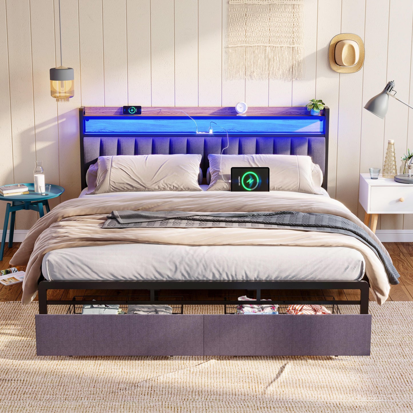 LED Bed Frame with USB Ports and 2 Outlets, Platform Metal Bed Frame with 2 Storage Drawers and Headboard, No Box Spring Needed, Noise-Free, King Bed