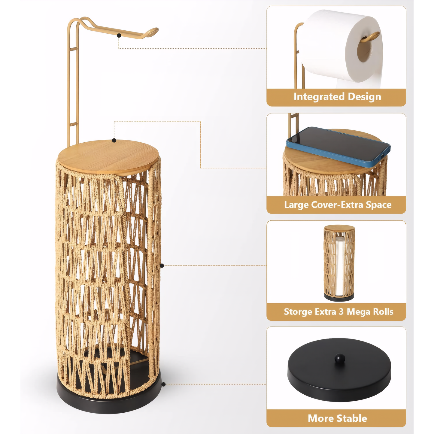 CASEMIOL Toilet Paper Holder Free Standing with Shelf, Handmade Woven Toilet Paper Holder Stand for 4 Rolls, Toilet Paper Storage for Phones and Small Items, Tissue Holder for Bathroom