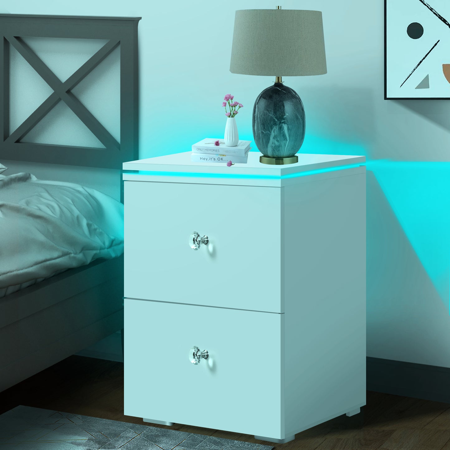 LED Side Table for Living Room, CASEMIOL Storage End Table with 2 Drawers, Modern High Gloss Wooden Nightstand for Bedroom, Black