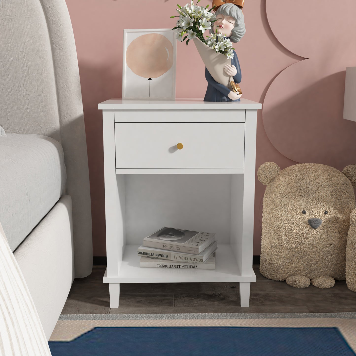 Wooden Nightstand for Bedroom, CASEMIOL Pink Modern End Table for Kids or Adults with Drawer and Shelf Bedside Tables Living Room Furniture