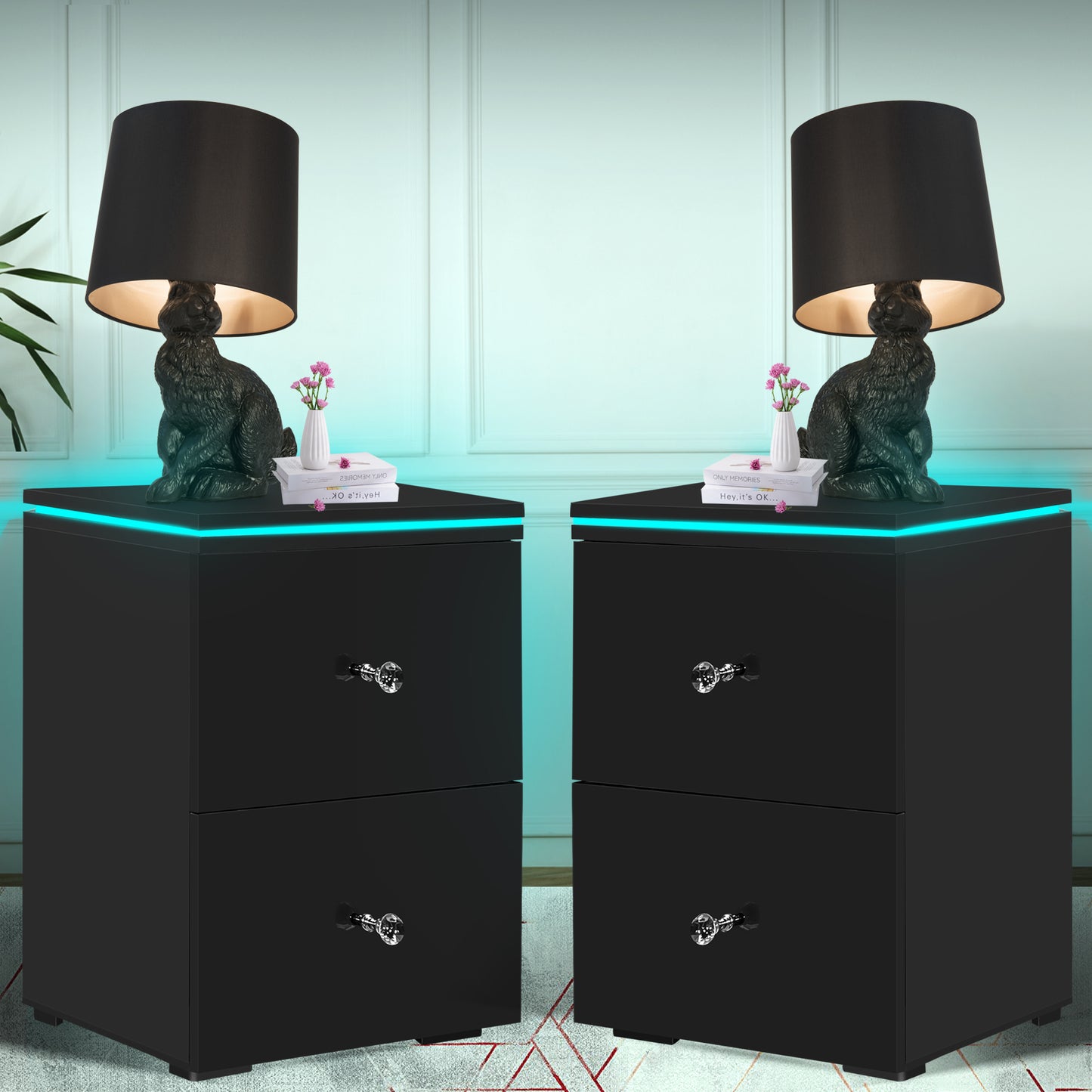 LED Side Table for Living Room, CASEMIOL Storage End Table with 2 Drawers, Modern High Gloss Wooden Nightstand for Bedroom, Black